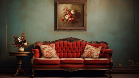 the living room wall above the comfortable loveseat remains empty, awaiting decoration with stylish wall art, modern prints, or a large mirror to add a touch of elegance and sophistication to the cozy seating area, perfect for a relaxing atmosphere. ai generatedの素材