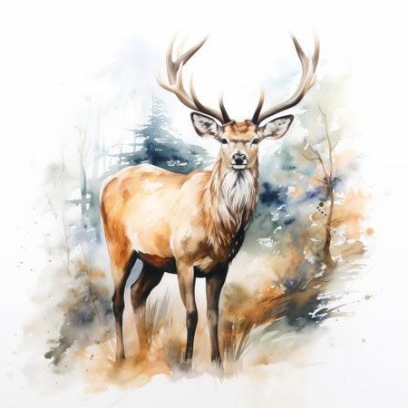"a serene deer stands majestically against a pristine white background in this exquisite watercolour painting, its gentle features and delicate antlers beautifully captured in soft, dreamy hues, evoking a sense of peacefulness and tranquility in this stunning piece of wildlife art.", ai generatedの素材