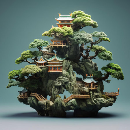 this serene bonsai tree, carefully pruned and trained, sits majestically on a wooden pedestal, its delicate branches and vibrant green leaves a testament to the art of japanese horticulture, evoking feelings of tranquility and harmony with nature, perfect for meditation and relaxation. ai generatedの素材