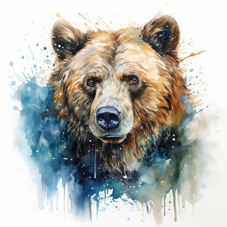 a majestic bear stands out against a serene white background in this stunning watercolour painting, its soft fur and gentle expression capturing the essence of wildlife art, evoking feelings of calmness and tranquility, perfect for nature lovers and art enthusiasts alike. ai generatedの素材