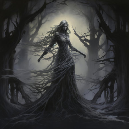 the banshee, a terrifying creature from celtic mythology, emerges from the shadows of a haunted forest, its ghostly figure illuminated by an eerie, moonlit glow, surrounded by twisted tree branches and overgrown underbrush, evoking a sense of dark fantasy and horror, reminiscent of the style of legendary artist ken kelly. ai generatedの素材