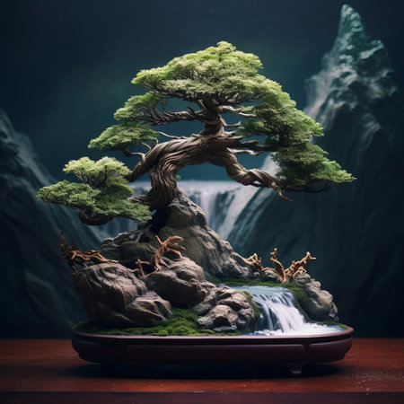 the bonsai tree stands majestically on a wooden pedestal, its twisted branches and roots a testament to the art of japanese horticulture, with delicate green leaves and intricate trunk details showcasing the beauty of miniature tree cultivation in a serene, natural setting. ai generatedの素材