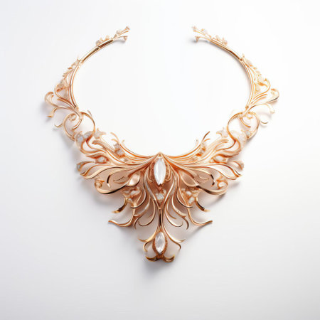 the elegant necklace lies serenely against a pristine white background, showcasing its intricate design and delicate features, perfect for formal events or everyday wear, adding a touch of sophistication and glamour to any outfit, ideal for women who appreciate understated luxury and refined accessories. ai generatedの素材