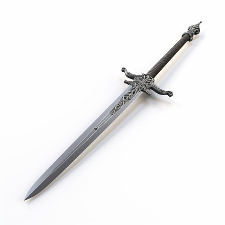 a majestic 3d two-handed sword stands proudly against a crisp white background, its intricate details and ornate design showcasing exceptional craftsmanship, evoking a sense of medieval grandeur and fantasy, perfect for gamers, collectors, and history enthusiasts alike. ai generatedの素材