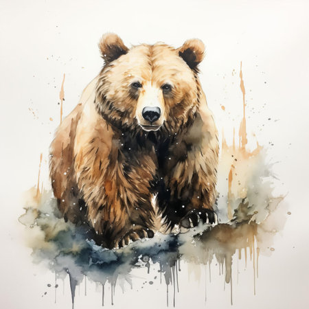 a majestic bear stands out against a serene white background in this stunning watercolour painting, showcasing the artist's skillful brushstrokes and delicate colour palette, evoking a sense of wilderness and tranquility, perfect for nature lovers and art enthusiasts alike. ai generatedの素材