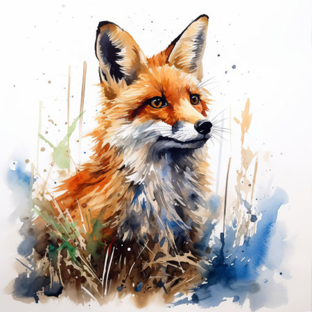 the fox, with its vibrant orange fur and bushy tail, takes center stage in this stunning watercolor painting set against a crisp white background, evoking a sense of serenity and whimsy, perfect for nature lovers and art enthusiasts alike, showcasing the beauty of wildlife art. ai generatedの素材