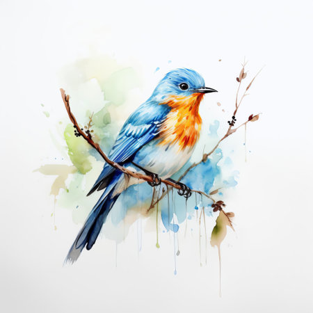 the bird, delicately perched on a branch, is beautifully captured in a stunning watercolour painting set against a crisp white background, showcasing the artist's skillful use of soft hues and gentle brushstrokes to evoke a sense of serenity and tranquility in this nature-inspired artwork. ai generatedの素材