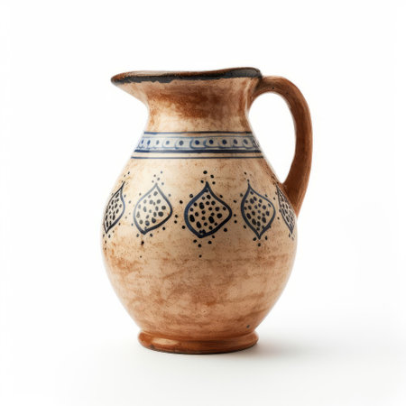 the earthenware jug sits elegantly on a pristine white background, showcasing its rustic charm and earthy tones, perfect for adding a touch of vintage flair to any kitchen or dining setting, ideal for serving hot beverages or as a decorative centerpiece. ai generatedの素材