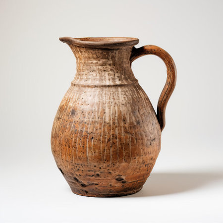 the earthenware jug, adorned with intricate patterns and a rustic charm, sits elegantly against a pristine white background, evoking a sense of vintage simplicity and earthy sophistication, perfect for rustic home decor, country kitchens, and antique collectors. ai generatedの素材