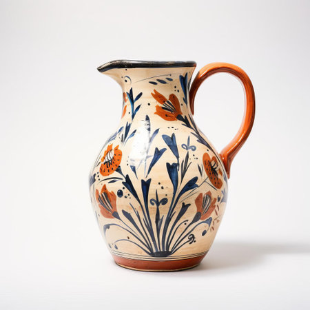 the earthenware jug, adorned with intricate designs, sits elegantly against a pristine white background, showcasing its rustic charm and earthy tones, perfect for adding a touch of vintage flair to any home decor or rustic-themed kitchen, evoking feelings of warmth and coziness. ai generatedの素材