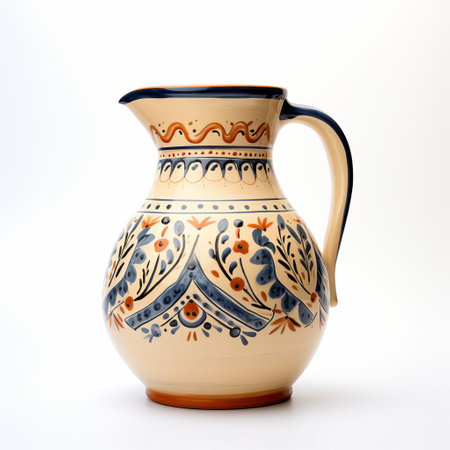 the earthenware jug sits elegantly on a pristine white background, showcasing its rustic charm and earthy tones, evoking a sense of traditional craftsmanship and vintage appeal, perfect for rustic home decor, country kitchen, or antique collector's display. ai generatedの素材