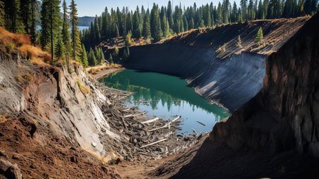 the serene lake landslide, nestled between towering pine trees, creates a breathtaking scenery, with the gentle lapping of water against the shore, surrounded by lush greenery, evoking a sense of tranquility and connection with nature's beauty, perfect for outdoor enthusiasts and photography lovers. ai generatedの素材