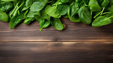 fresh spinach leaves are artfully arranged on a rustic wood table, showcasing their vibrant green color and delicate texture in this stunning top view, perfect for healthy eating and cooking inspiration, highlighting the nutritional benefits of leafy greens. ai generatedの素材