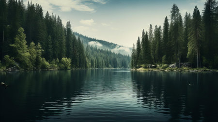 the serene lake terrain stretches peacefully between a cluster of towering pine trees, its calm waters reflecting the surrounding lush greenery, creating a sense of tranquility and harmony with nature, perfect for relaxation and outdoor adventure. ai generatedの素材