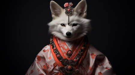 the kitsune hybrid, a mythical creature with fox-like features and humanoid physique, gazes intensely into the camera, its piercing eyes radiating an otherworldly aura, as its intricate, fiery red fur and flowing white hair blend seamlessly with its human-like skin, evoking a sense of mystique and fantasy. ai generatedの素材