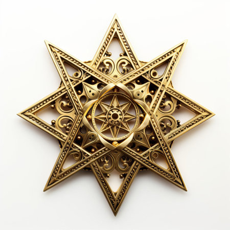 the heptagram, a seven-pointed star symbol, shines brightly against a pristine white background, its intricate geometry and mystical aura evoking feelings of spiritual connection and cosmic harmony, perfect for esoteric art, sacred geometry, and mystical design enthusiasts. ai generatedの素材