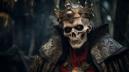 the lich hybrid, a mystical creature born from dark magic, gazes eerily into the distance, its undead flesh intertwined with wisps of ethereal energy, as if suspended between life and death, exuding an aura of ancient power and forgotten lore in this hauntingly beautiful portrait photograph. ai generatedの素材