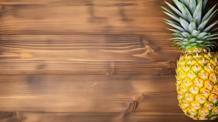 a fresh pineapple sits atop a rustic wood table, its vibrant yellow skin and lush green leaves creating a pop of color against the natural grain, evoking feelings of tropical getaways and summer barbecues, perfect for a healthy snack or refreshing cocktail garnish. ai generatedの素材