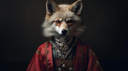 the kitsune hybrid, a mystical creature with nine tails, gazes intensely into the camera, its humanoid features blending seamlessly with fox-like characteristics, showcasing a mesmerizing fusion of japanese folklore and fantasy, perfect for fans of mythological art and anime-inspired illustrations. ai generatedの素材