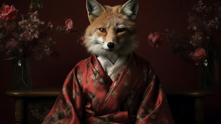the kitsune hybrid, a mystical creature with nine tails, gazes intensely into the camera, its humanoid features blending seamlessly with fox-like characteristics, showcasing a mesmerizing fusion of japanese folklore and fantasy, perfect for fans of mythological art and anime-inspired illustrations. ai generatedの素材