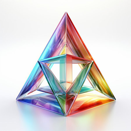 the tetrahedral prism, a polyhedral geometric shape with four triangular faces, sits isolated on a clean white background, showcasing its symmetrical structure and precise edges, ideal for educational or scientific visual aids, 3d modeling, and mathematical representations. ai generatedの素材