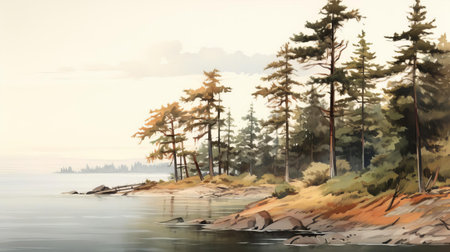 the serene sea sketch showcases majestic pine trees standing tall along the tranquil water's edge, their lush green foliage mirrored in the calm ocean's reflection, evoking a sense of peaceful coexistence between nature's wonders. ai generatedの素材
