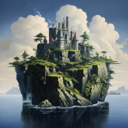 the mystical islet, shrouded in mist, rises from the turquoise ocean, evoking a sense of fantasy and adventure, reminiscent of the iconic style of legendary fantasy artist ken kelly, known for his vivid, dreamlike landscapes and mythical creatures. ai generatedの素材