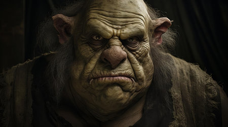 the ogre hybrid, a mythical creature with a mix of human and ogre features, gazes intensely into the camera, its piercing eyes and sharp teeth exuding a sense of power and mystery, set against a dark and moody background that highlights its fantastical and fictional nature. ai generatedの素材