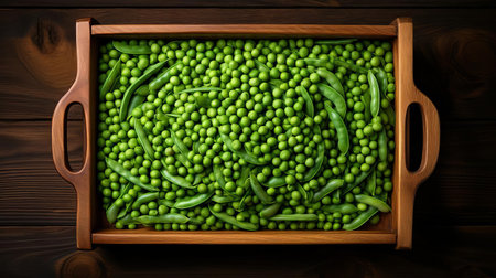 fresh green peas slices are artfully arranged on a rustic wooden tray, showcasing their vibrant color and delicate texture, perfect for adding a pop of color and nutrition to salads, stir-fries, and other healthy recipes, highlighting the beauty of natural ingredients. ai generatedの素材