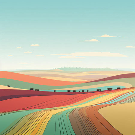 vibrant fields stretch towards the horizon, depicted in stunning minimalist line art, as warm hues of golden yellow and soft green dance across the canvas, evoking a sense of serenity and simplicity, perfect for nature lovers and art enthusiasts alike. ai generatedの素材