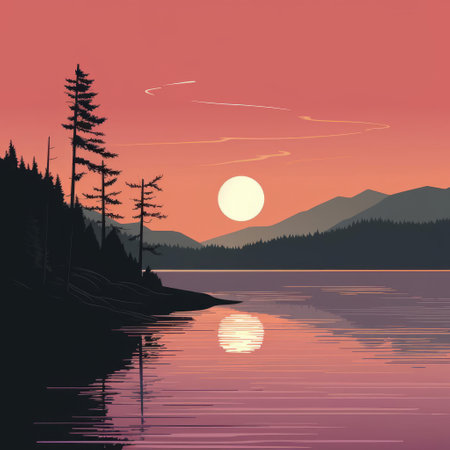 crescent lake shines brightly in this stunning minimalist line art piece, featuring delicate strokes and vibrant colors that evoke a sense of serenity and tranquility, perfect for nature lovers and art enthusiasts alike, bringing a touch of simplicity and elegance to any room. ai generatedの素材
