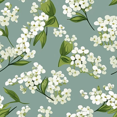 delicate alyssum flowers bloom in a whimsical vector pattern, creating a seamless and elegant design perfect for wallpaper, fabric, or gift wrap, evoking a sense of softness and serenity in any space, with its gentle white petals and subtle green stems. ai generatedの素材