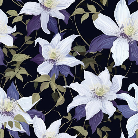 clematis flowers bloom beautifully in this stunning vector pattern, featuring delicate petals and stems in a seamless repeat design, perfect for wallpaper, fabric, or gift wrap, adding a touch of elegance and sophistication to any project. ai generatedの素材