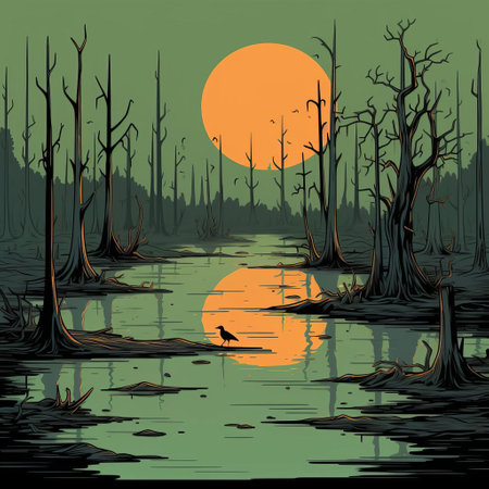 the swamp, depicted in minimalist line art style, comes alive with vibrant colors, showcasing the eerie beauty of the murky waters, twisted cypress trees, and exotic wildlife that thrive in this unique ecosystem, perfect for nature lovers and art enthusiasts alike. ai generatedの素材