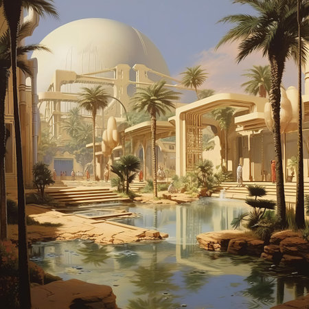 the oasis, a serene and mystical desert haven, is brought to life in this captivating artwork, reminiscent of the iconic style of ken kelly, featuring lush green palm trees, vibrant blue waters, and majestic rock formations, evoking a sense of tranquility and adventure in the heart of the arid landscape. ai generatedの素材