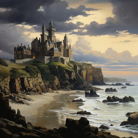 the headland, a majestic rocky outcrop, stands tall against the crashing waves, its rugged beauty captured in a style reminiscent of ken kelly's fantasy art, with bold brushstrokes and vibrant colors evoking a sense of drama and mystique, perfect for fans of epic landscapes and mythical realms. ai generatedの素材