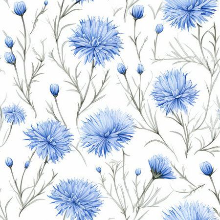 the cornflower, a delicate and charming flower, is beautifully illustrated in this seamless vector pattern, perfect for fabric, wallpaper, and craft designs, featuring soft blue petals and a yellow center, evoking a sense of serenity and tranquility in any design project. ai generatedの素材