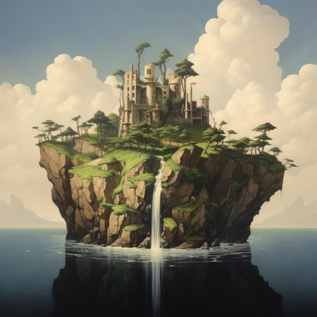 the mystical islet, bathed in an ethereal glow, rises from the turbulent sea, its rugged landscape a testament to the unforgiving power of nature, evoking the fantastical and dreamlike quality of ken kelly's iconic style, where mythical creatures and ancient magic reign supreme. ai generatedの素材