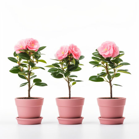 camellias, adorned with delicate pink petals and lush green leaves, are beautifully arranged in a row of pots on a pristine white background, showcasing their elegant beauty and versatility as ornamental plants for indoor and outdoor decor. ai generatedの素材