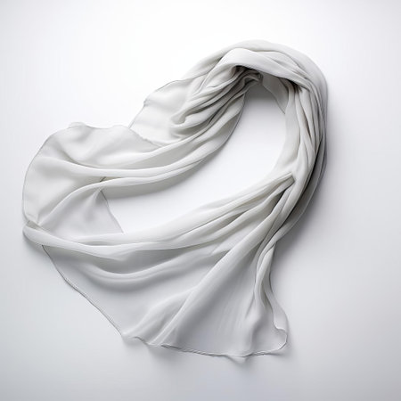 the scarf, gently draped on a simplistic white background, showcases its intricate patterns and soft, flowing fabric, perfect for adding a touch of elegance to any outfit, while the clean backdrop highlights its vibrant colors and delicate texture. ai generatedの素材