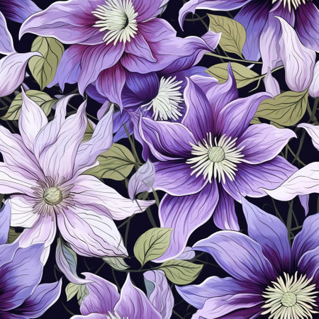 clematis flowers bloom beautifully in this stunning vector pattern, featuring delicate purple petals and lush green leaves on a seamless background, perfect for fabric, wallpaper, or gift wrap designs, adding a touch of elegance and sophistication to any project. ai generatedの素材