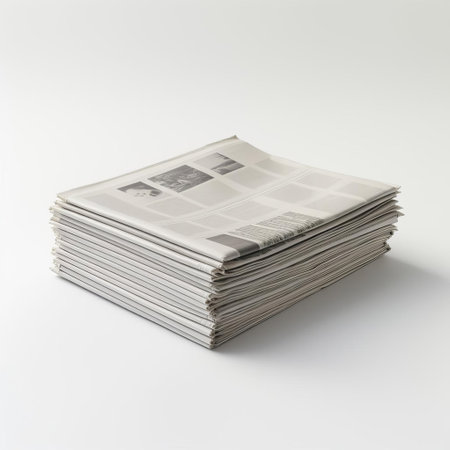a newspaper lies flat on a simplistic white background, its crisp pages and bold headlines standing out against the clean and minimalist setting, evoking a sense of clarity and focus, perfect for readers seeking a distraction-free news reading experience. ai generatedの素材