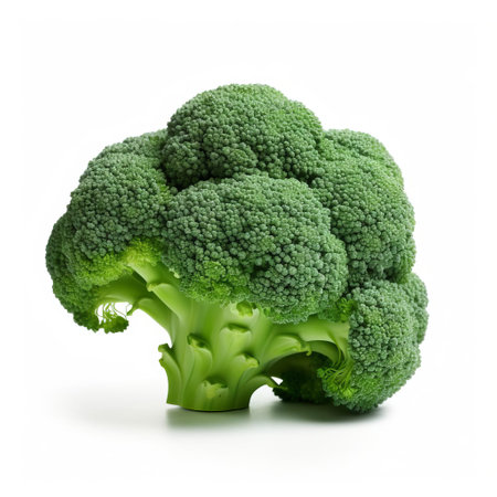 broccoli, a nutrient-rich green vegetable, sits isolated on a pristine white background, showcasing its vibrant florets and sturdy stem, perfect for healthy eating and culinary creations, highlighting the importance of cruciferous vegetables in a balanced diet. ai generatedの素材