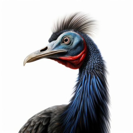 the cassowary, a large and flightless bird native to australia and new guinea, is showcased in stunning detail in this 3d render against a crisp white background, highlighting its vibrant plumage, distinctive casque, and powerful legs, perfect for wildlife enthusiasts and nature lovers alike. ai generatedの素材