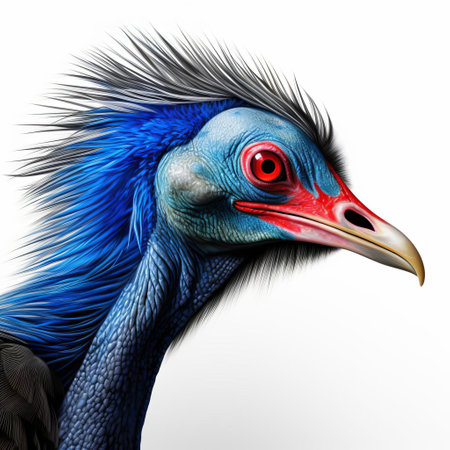 the cassowary, a large and flightless bird native to australia and new guinea, is showcased in stunning detail in this 3d render, set against a crisp white background, highlighting its distinctive casque, or crest, and vibrant plumage, making it a striking visual representation of this unique species. ai generatedの素材