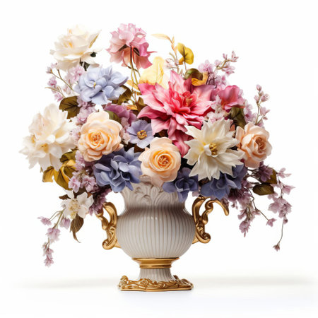 "elegant vase overflowing with fresh, vibrant flowers, beautifully isolated on a crisp white background, showcasing the perfect blend of sophistication and nature's beauty, ideal for home decor inspiration or still life photography enthusiasts.", ai generatedの素材