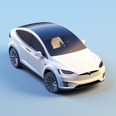 the tesla model x, a luxurious electric suv, is showcased in a stunning isometric view, highlighting its sleek design, falcon-wing doors, and spacious interior, perfect for eco-friendly families and tech-savvy drivers seeking a sustainable and futuristic ride. ai generatedの素材