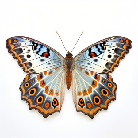 the queen of spain fritillary, issoria lathonia, perches delicately on a pristine white background, showcasing its striking orange-brown wings with silver spots, a beautiful example of a european butterfly species, commonly found in meadows and gardens, with a wingspan of up to 40mm. ai generatedの素材