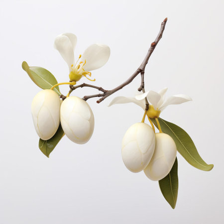 kakadu plums, also known as billygoat plums or kakadu berries, sit proudly on a crisp white background, showcasing their vibrant green skin and yellow-green flesh, highlighting their nutritional value as a rich source of vitamin c and antioxidants in traditional australian aboriginal medicine. ai generatedの素材