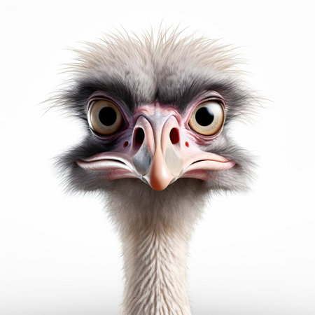 the ostrich, a large and powerful flightless bird, stands proudly on a pristine white background in this stunning 3d render, showcasing its soft, feathery plumage and long, muscular legs, perfect for a nature or wildlife-themed design project. ai generatedの素材